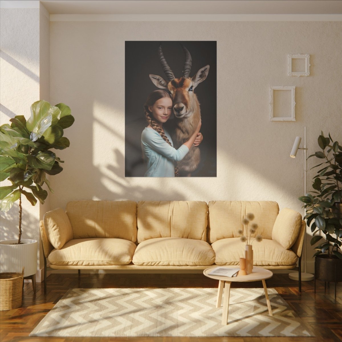 Leinwandbild Mädchen & Antilope - Hugging Little Girl Animals - Canvas bei HappyHugPixels