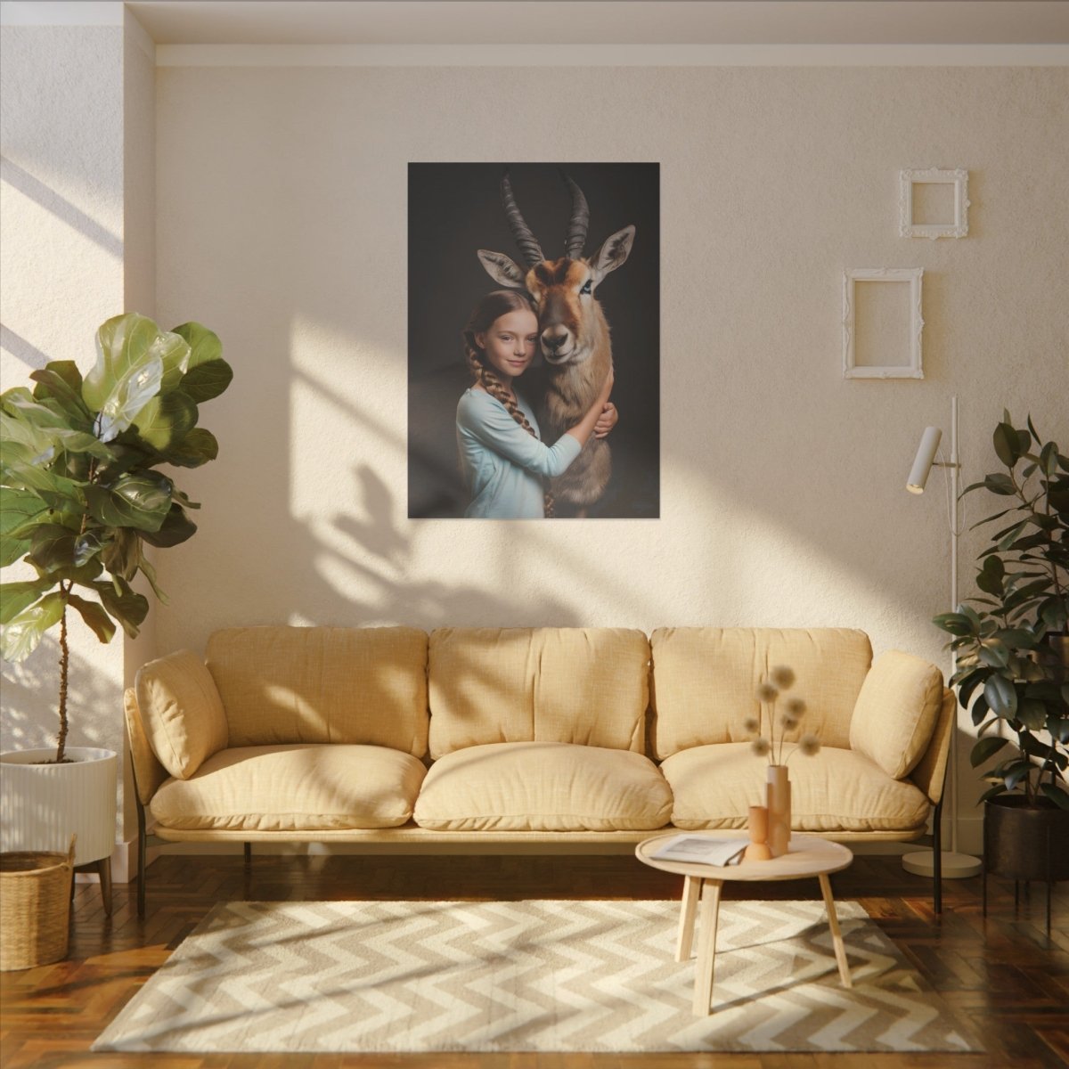 Leinwandbild Mädchen & Antilope - Hugging Little Girl Animals - Canvas bei HappyHugPixels