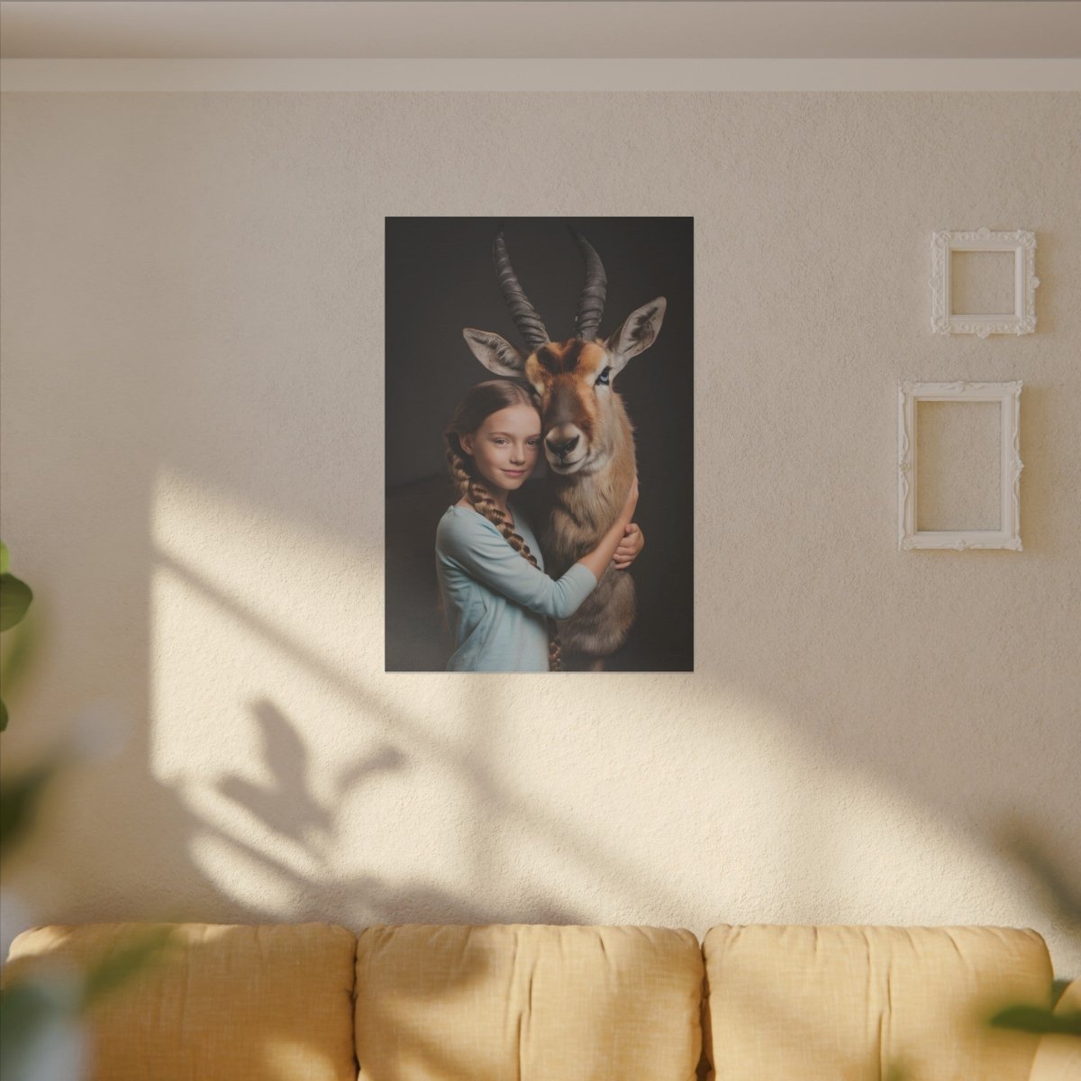 Leinwandbild Mädchen & Antilope - Hugging Little Girl Animals - Canvas bei HappyHugPixels