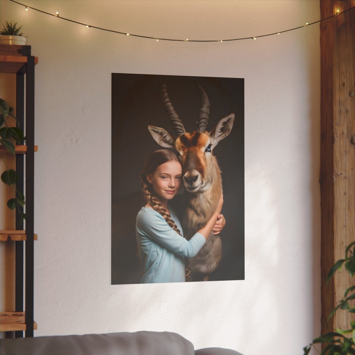 Leinwandbild Mädchen & Antilope - Hugging Little Girl Animals - Canvas bei HappyHugPixels