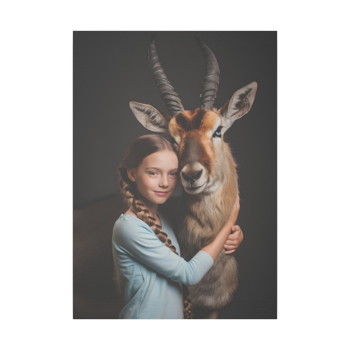 Leinwandbild Mädchen & Antilope - Hugging Little Girl Animals - Canvas bei HappyHugPixels