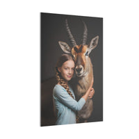 Leinwandbild Mädchen & Antilope - Hugging Little Girl Animals - Canvas bei HappyHugPixels