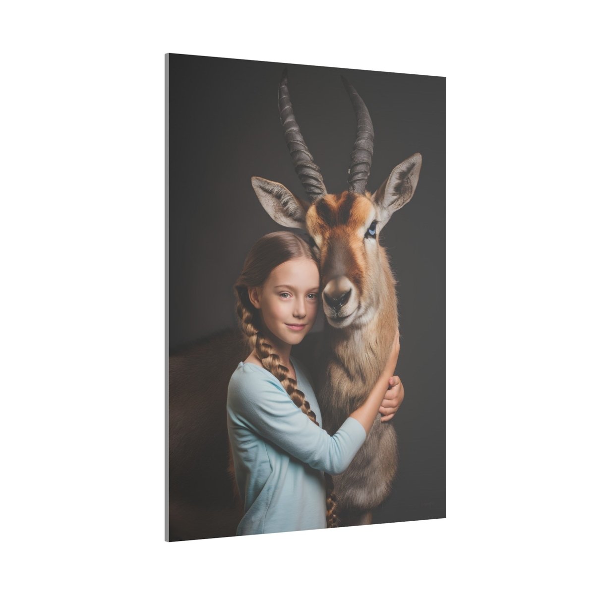 Leinwandbild Mädchen & Antilope - Hugging Little Girl Animals - Canvas bei HappyHugPixels