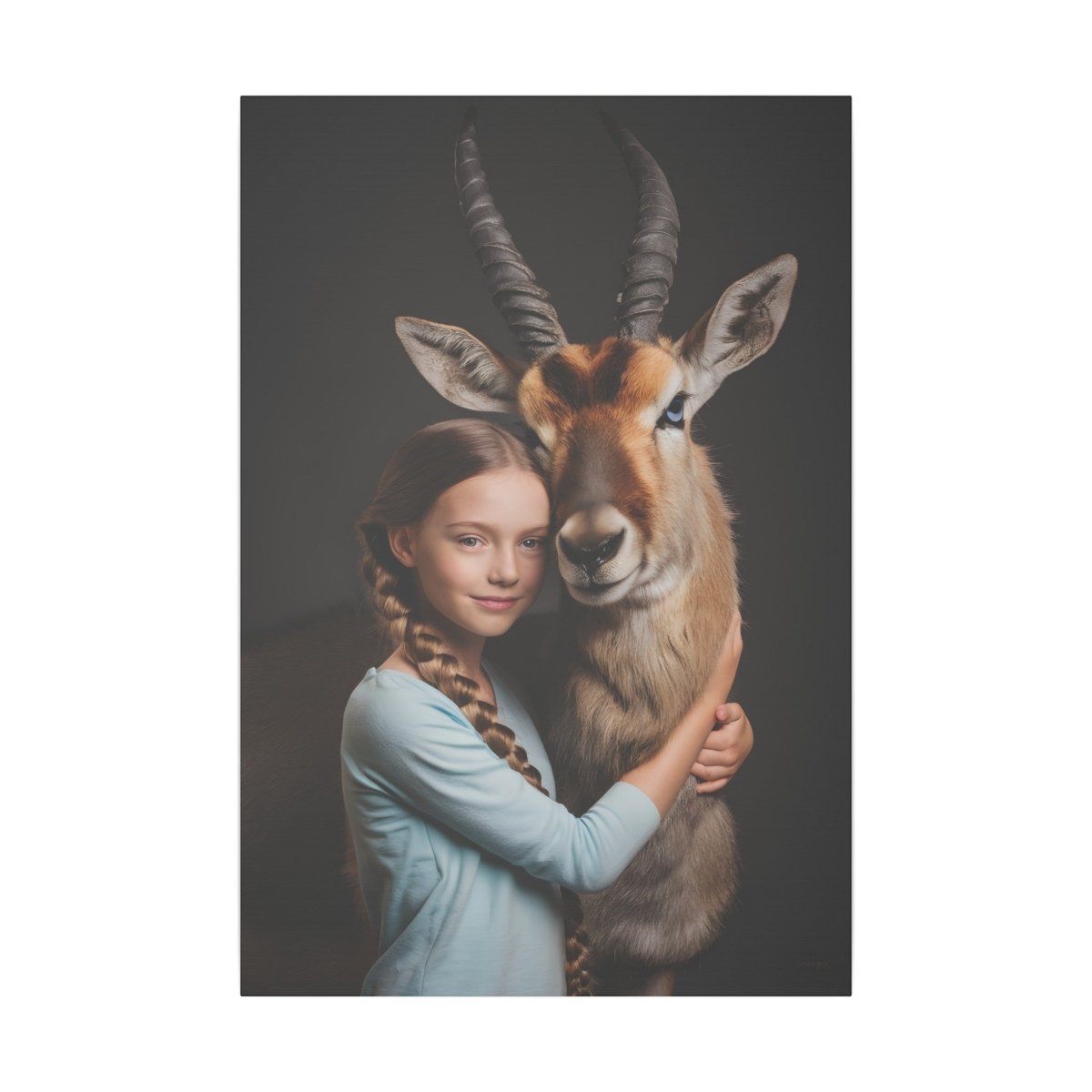 Leinwandbild Mädchen & Antilope - Hugging Little Girl Animals - Canvas bei HappyHugPixels