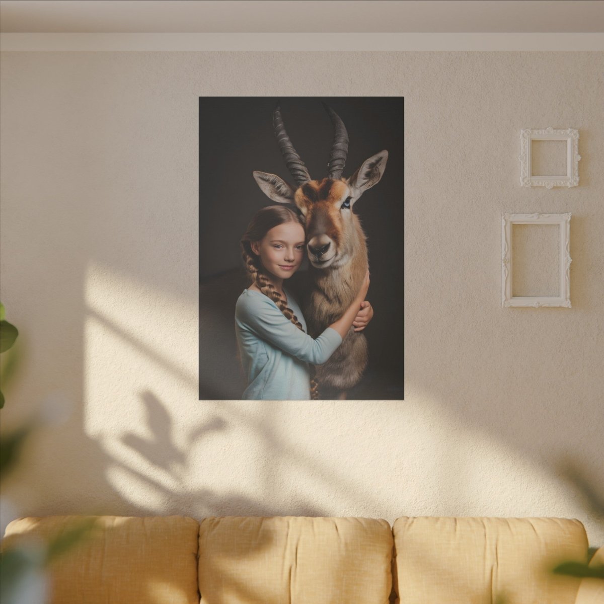 Leinwandbild Mädchen & Antilope - Hugging Little Girl Animals - Canvas bei HappyHugPixels