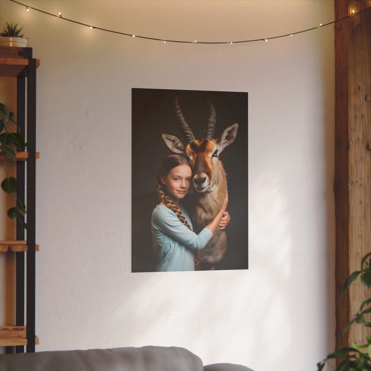 Leinwandbild Mädchen & Antilope - Hugging Little Girl Animals - Canvas bei HappyHugPixels