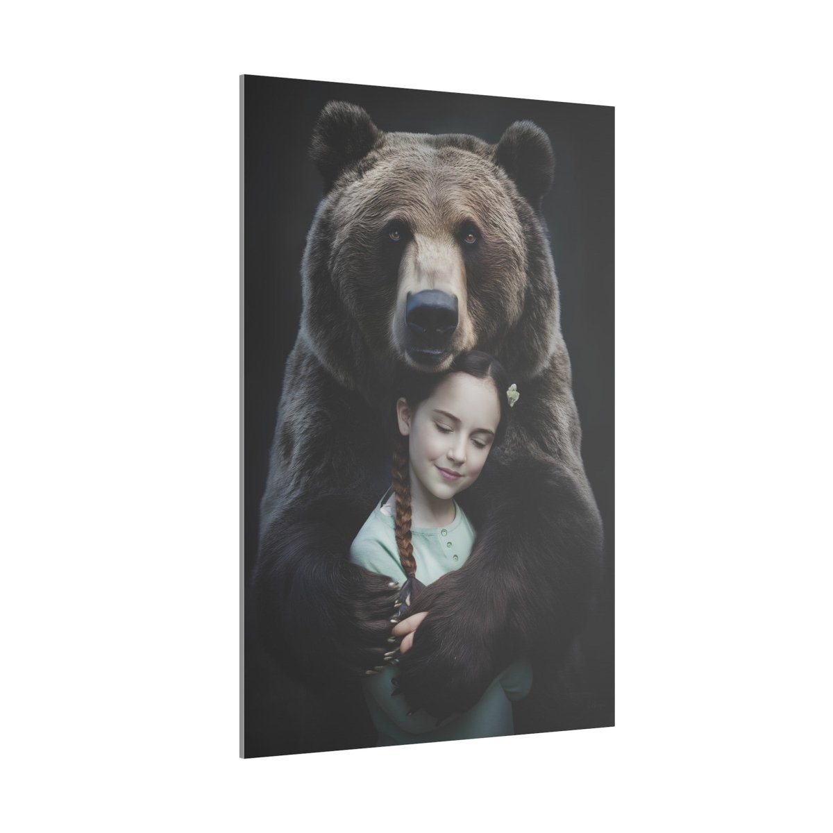 Leinwandbild Mädchen & Bär – Herzliche Umarmung für dein Zuhause - Canvas bei HappyHugPixels