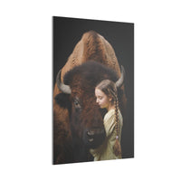 Leinwandbild Mädchen & Bison - Hugging Little Girl Animals - Canvas bei HappyHugPixels