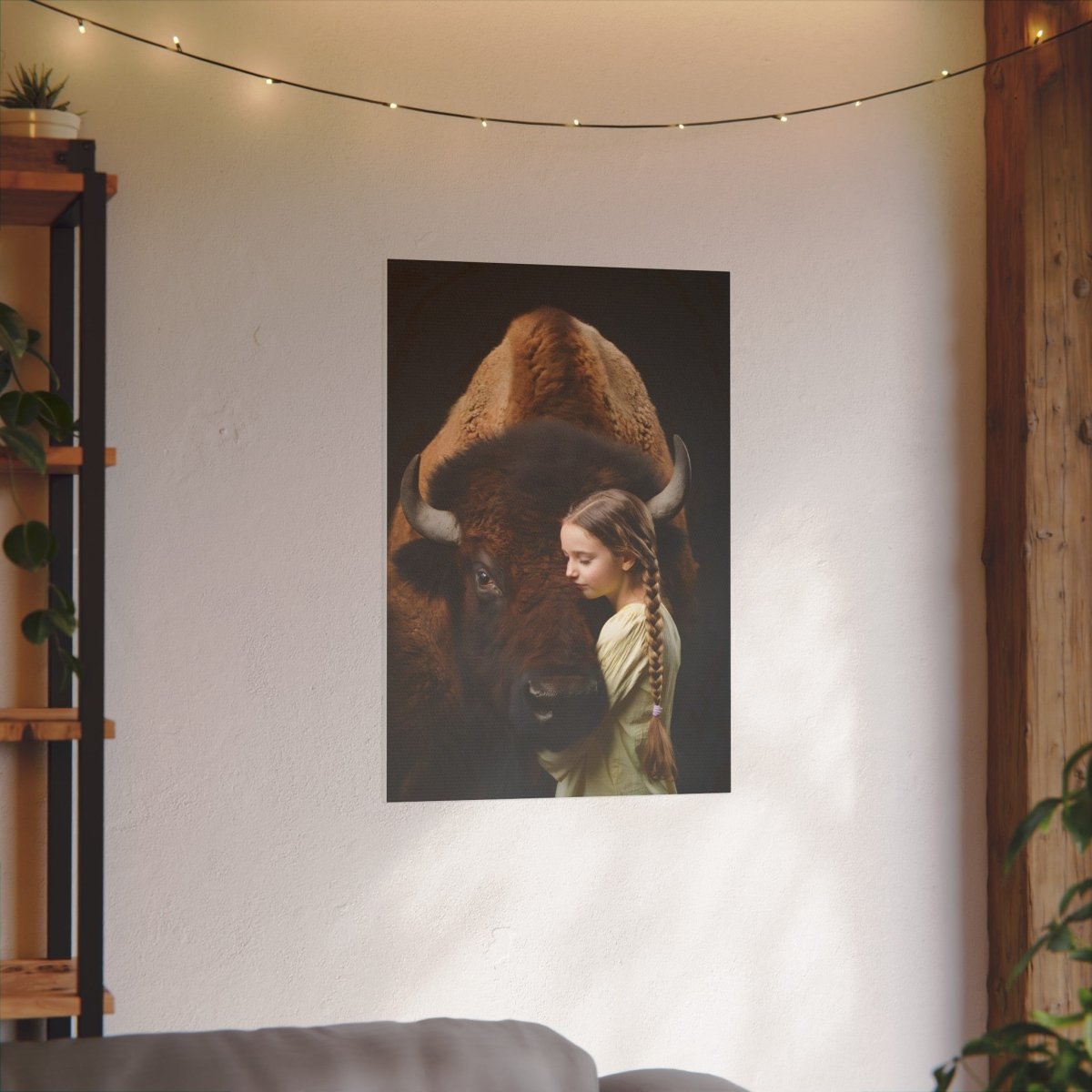 Leinwandbild Mädchen & Bison - Hugging Little Girl Animals - Canvas bei HappyHugPixels