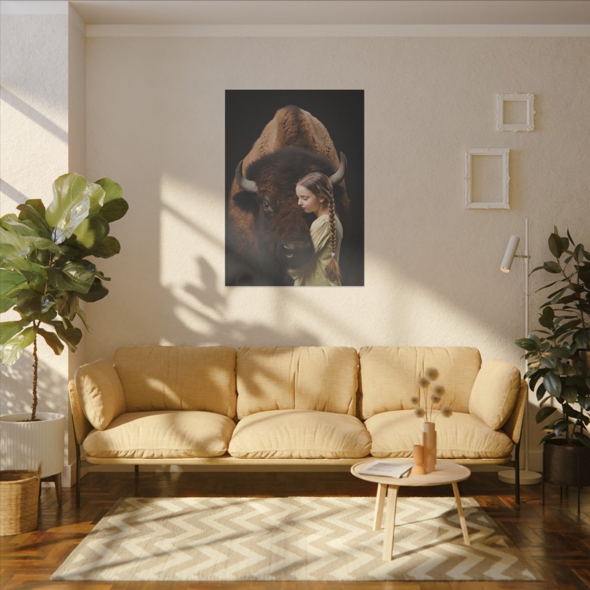 Leinwandbild Mädchen & Bison - Hugging Little Girl Animals - Canvas bei HappyHugPixels