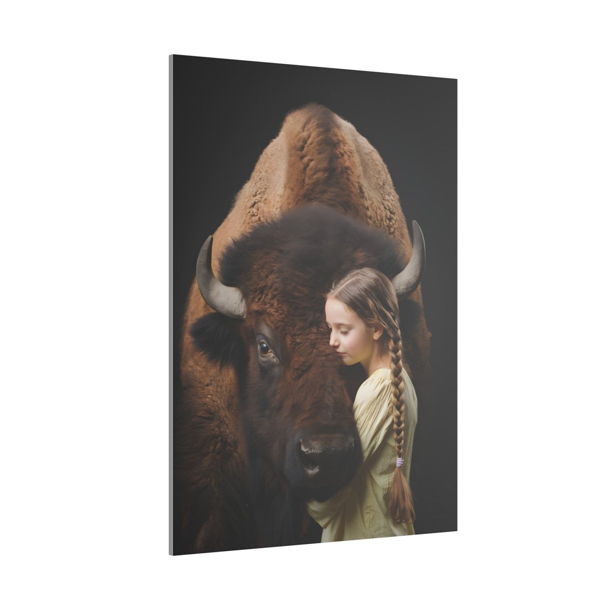 Leinwandbild Mädchen & Bison - Hugging Little Girl Animals - Canvas bei HappyHugPixels