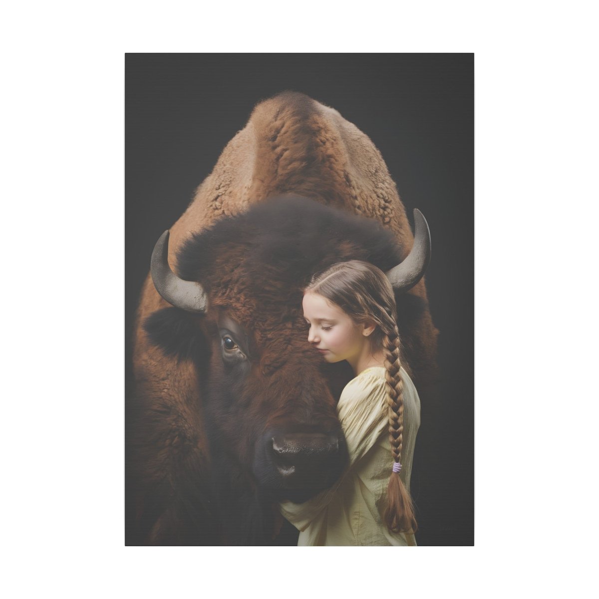 Leinwandbild Mädchen & Bison - Hugging Little Girl Animals - Canvas bei HappyHugPixels