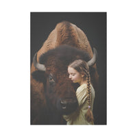 Leinwandbild Mädchen & Bison - Hugging Little Girl Animals - Canvas bei HappyHugPixels