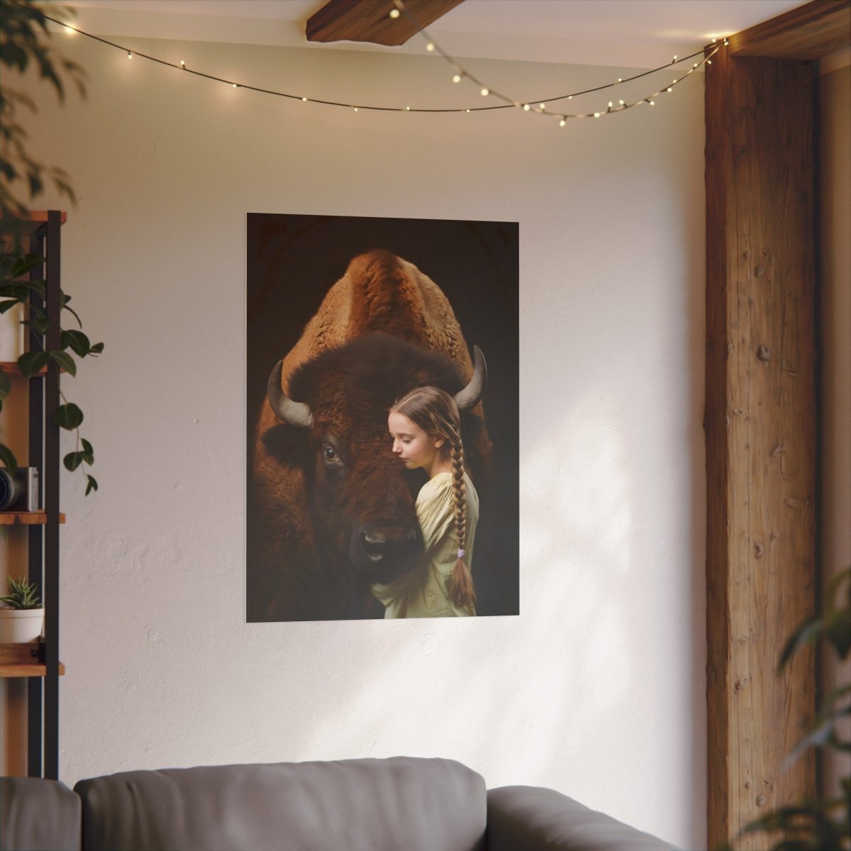 Leinwandbild Mädchen & Bison - Hugging Little Girl Animals - Canvas bei HappyHugPixels