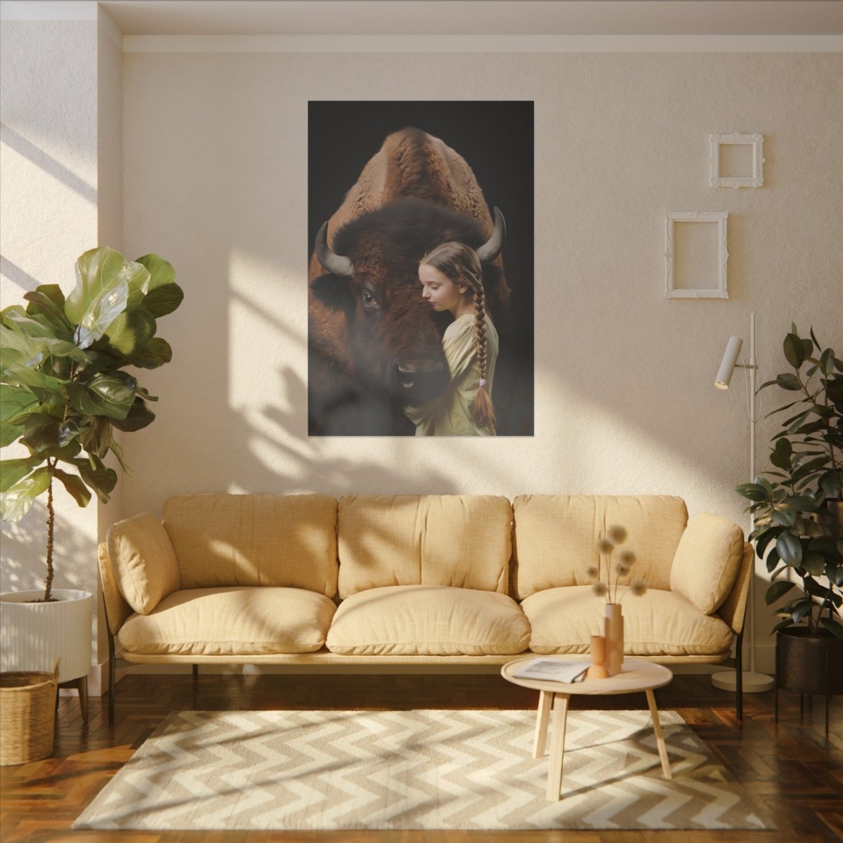 Leinwandbild Mädchen & Bison - Hugging Little Girl Animals - Canvas bei HappyHugPixels