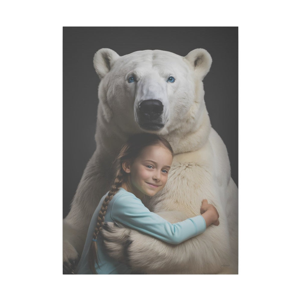 Leinwandbild Mädchen & Eisbär - Hugging Little Girl Animals - Canvas bei HappyHugPixels