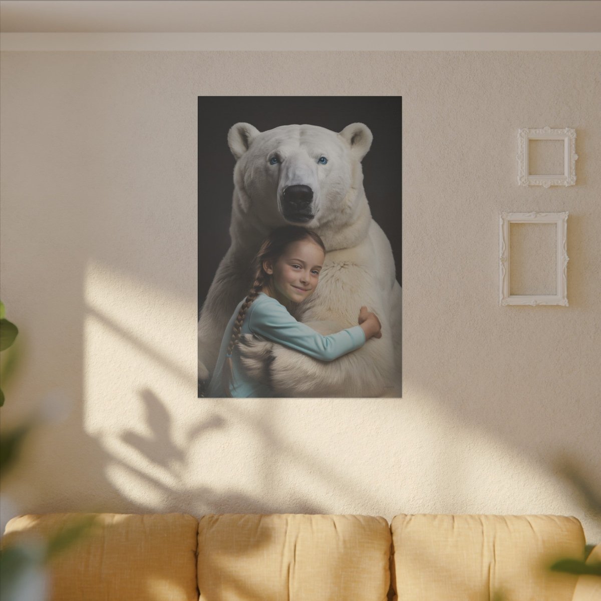 Leinwandbild Mädchen & Eisbär - Hugging Little Girl Animals - Canvas bei HappyHugPixels