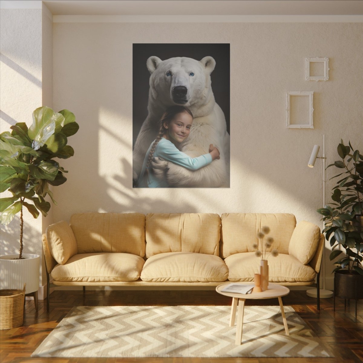 Leinwandbild Mädchen & Eisbär - Hugging Little Girl Animals - Canvas bei HappyHugPixels