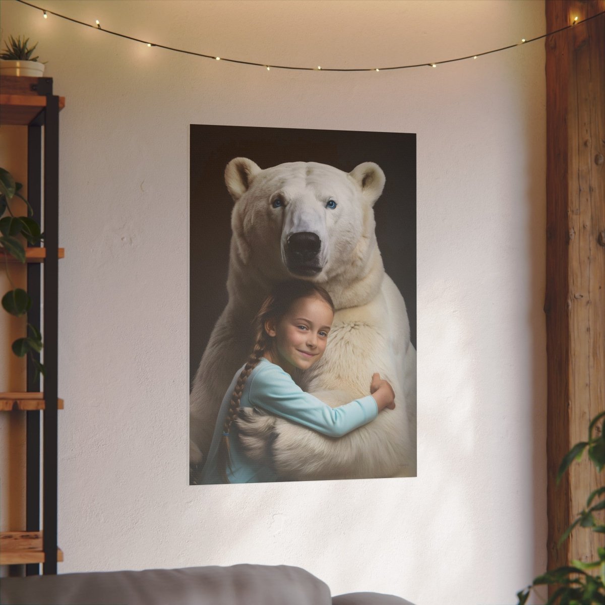 Leinwandbild Mädchen & Eisbär - Hugging Little Girl Animals - Canvas bei HappyHugPixels