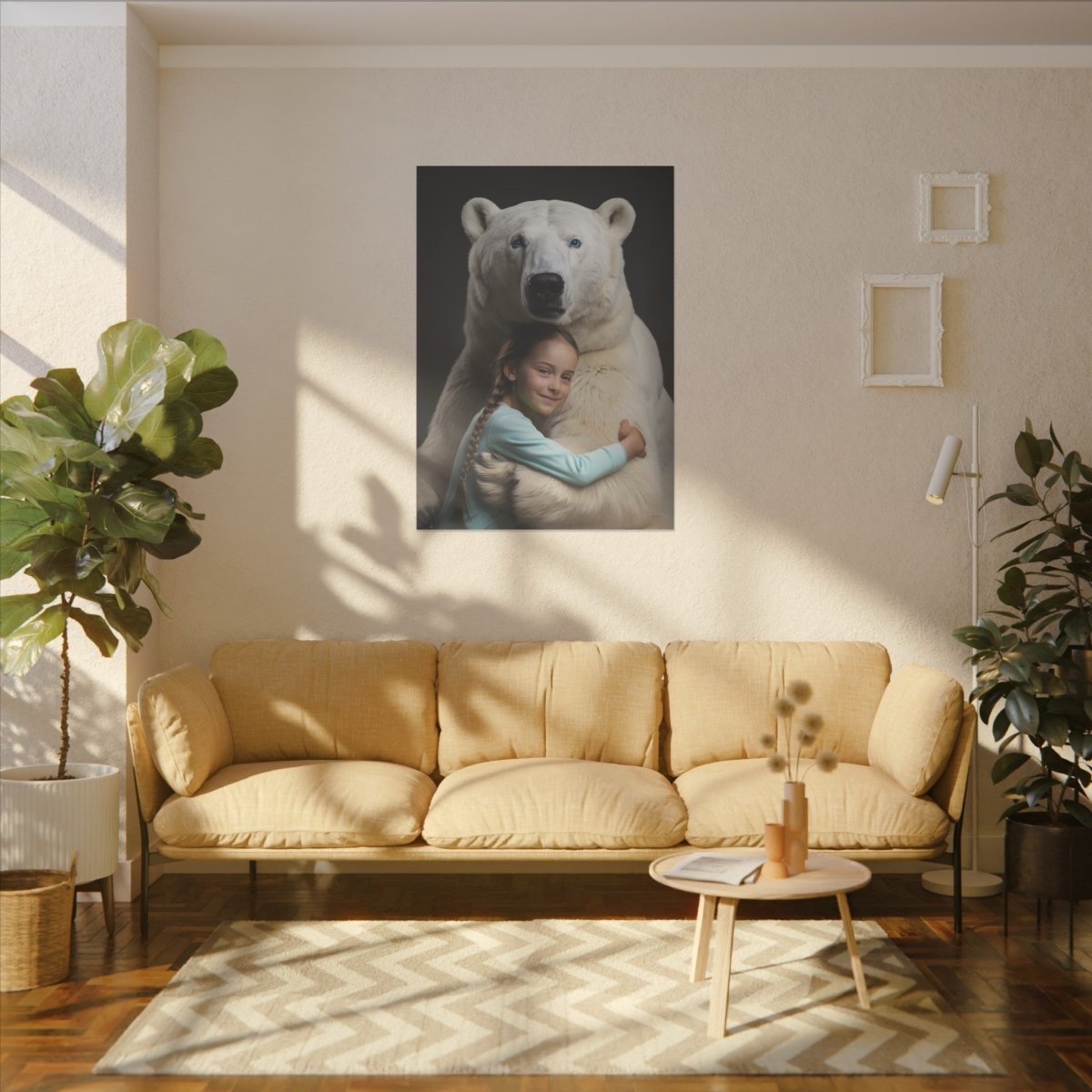 Leinwandbild Mädchen & Eisbär - Hugging Little Girl Animals - Canvas bei HappyHugPixels