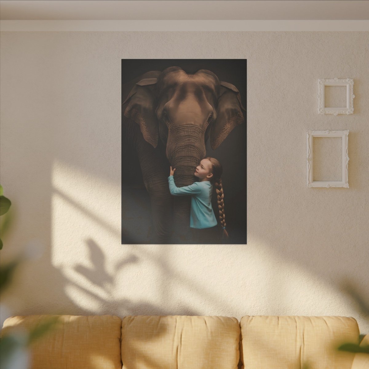 Leinwandbild Mädchen & Elefant - Hugging Little Girl Animals - Canvas bei HappyHugPixels