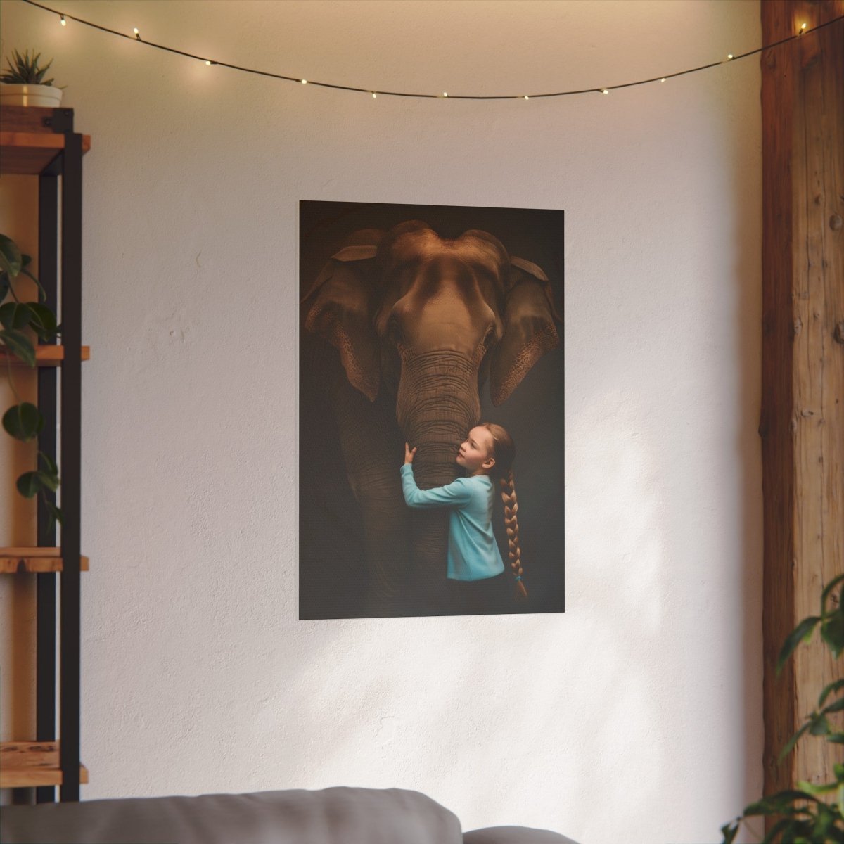 Leinwandbild Mädchen & Elefant - Hugging Little Girl Animals - Canvas bei HappyHugPixels