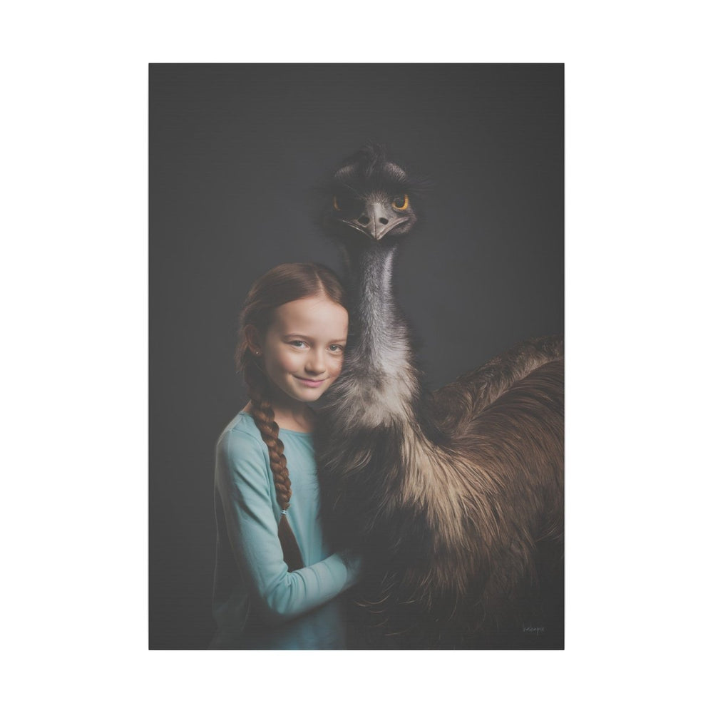 Leinwandbild Mädchen & Emu - Hugging Little Girl Animals - Canvas bei HappyHugPixels