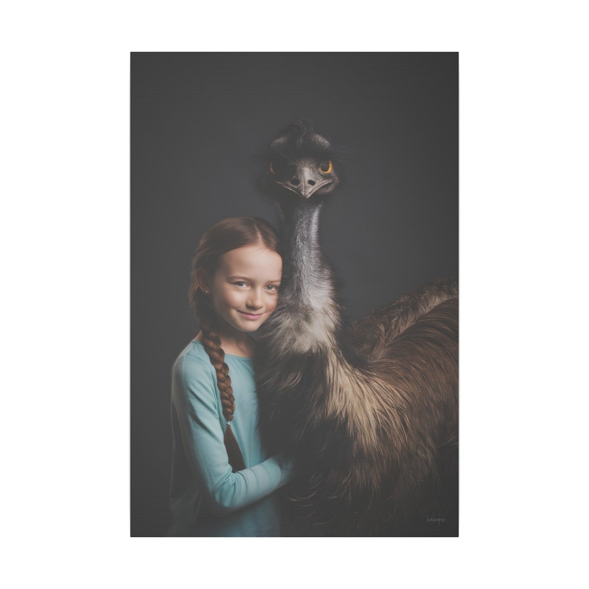 Leinwandbild Mädchen & Emu - Hugging Little Girl Animals - Canvas bei HappyHugPixels