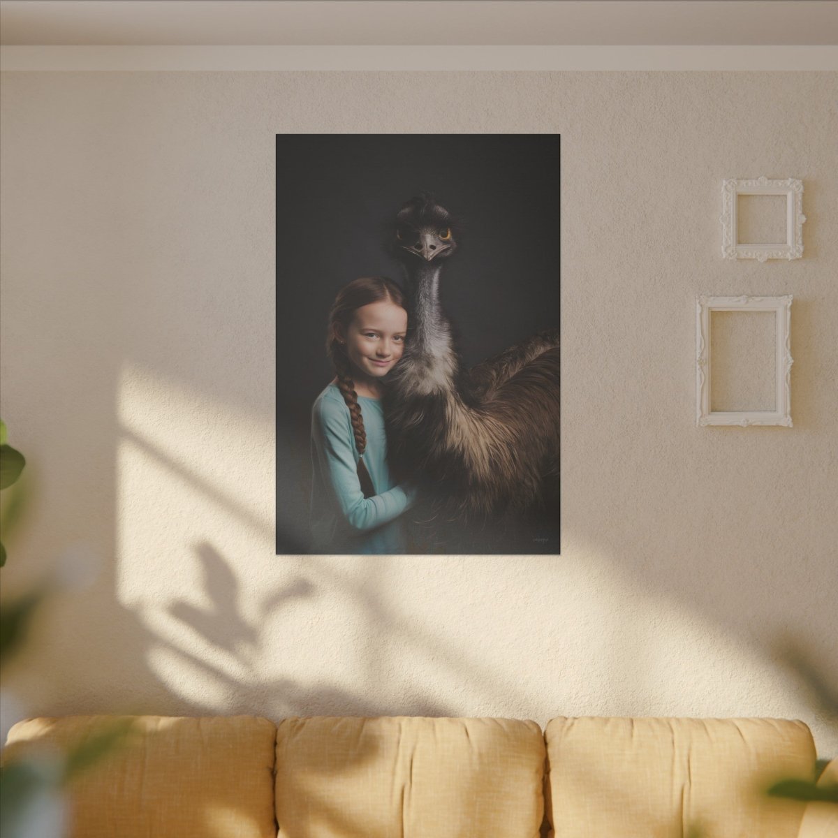 Leinwandbild Mädchen & Emu - Hugging Little Girl Animals - Canvas bei HappyHugPixels