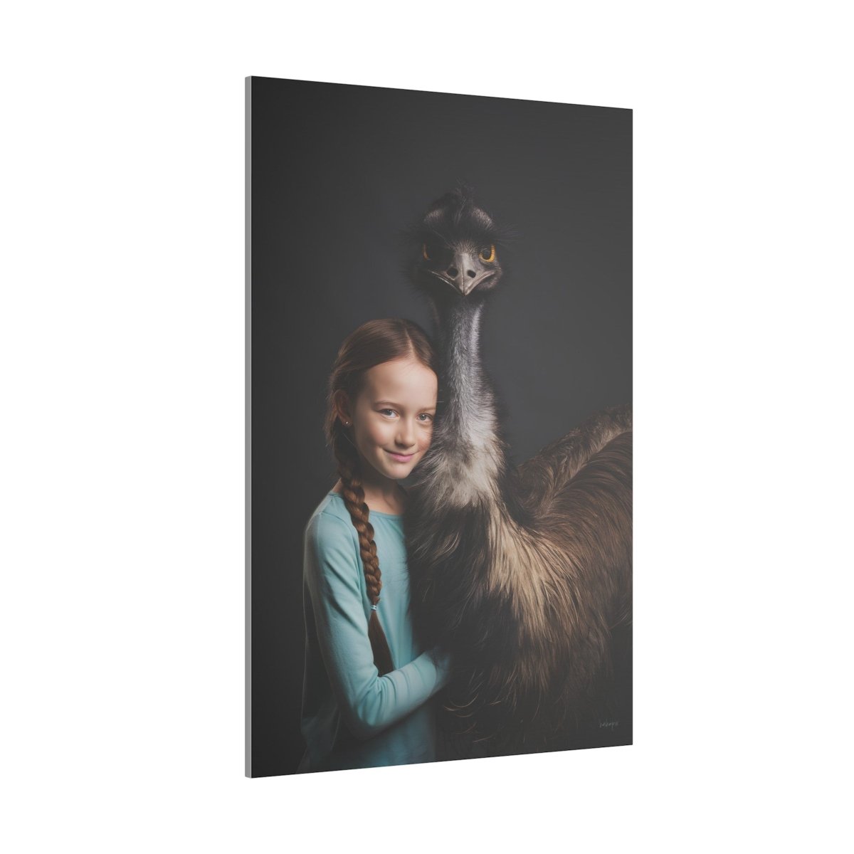 Leinwandbild Mädchen & Emu - Hugging Little Girl Animals - Canvas bei HappyHugPixels