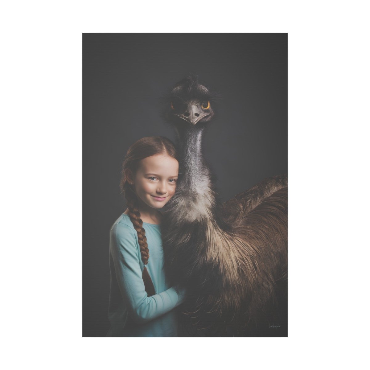 Leinwandbild Mädchen & Emu - Hugging Little Girl Animals - Canvas bei HappyHugPixels