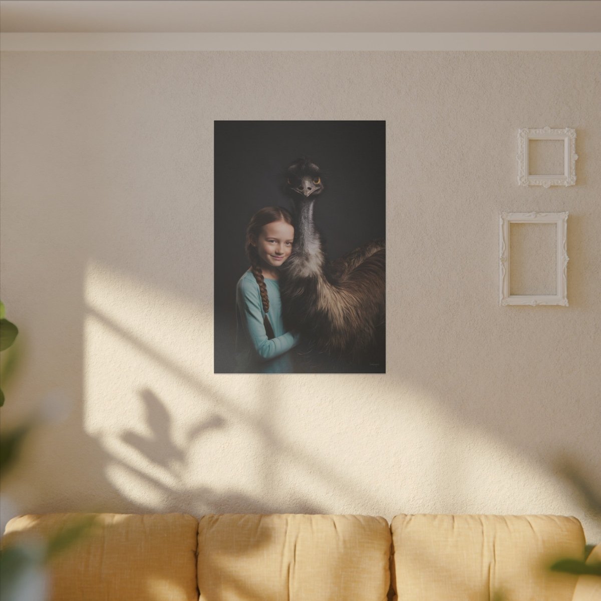 Leinwandbild Mädchen & Emu - Hugging Little Girl Animals - Canvas bei HappyHugPixels