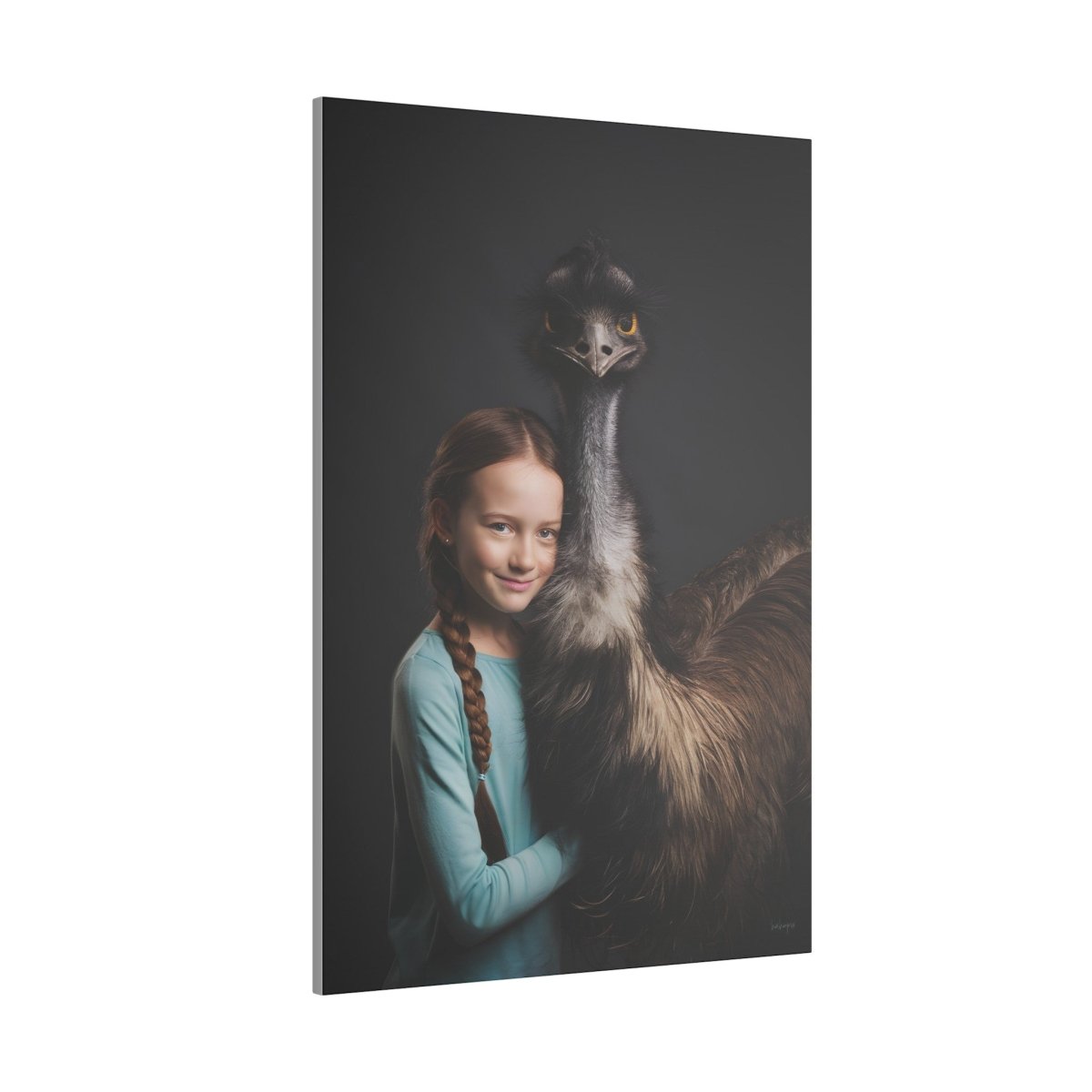 Leinwandbild Mädchen & Emu - Hugging Little Girl Animals - Canvas bei HappyHugPixels