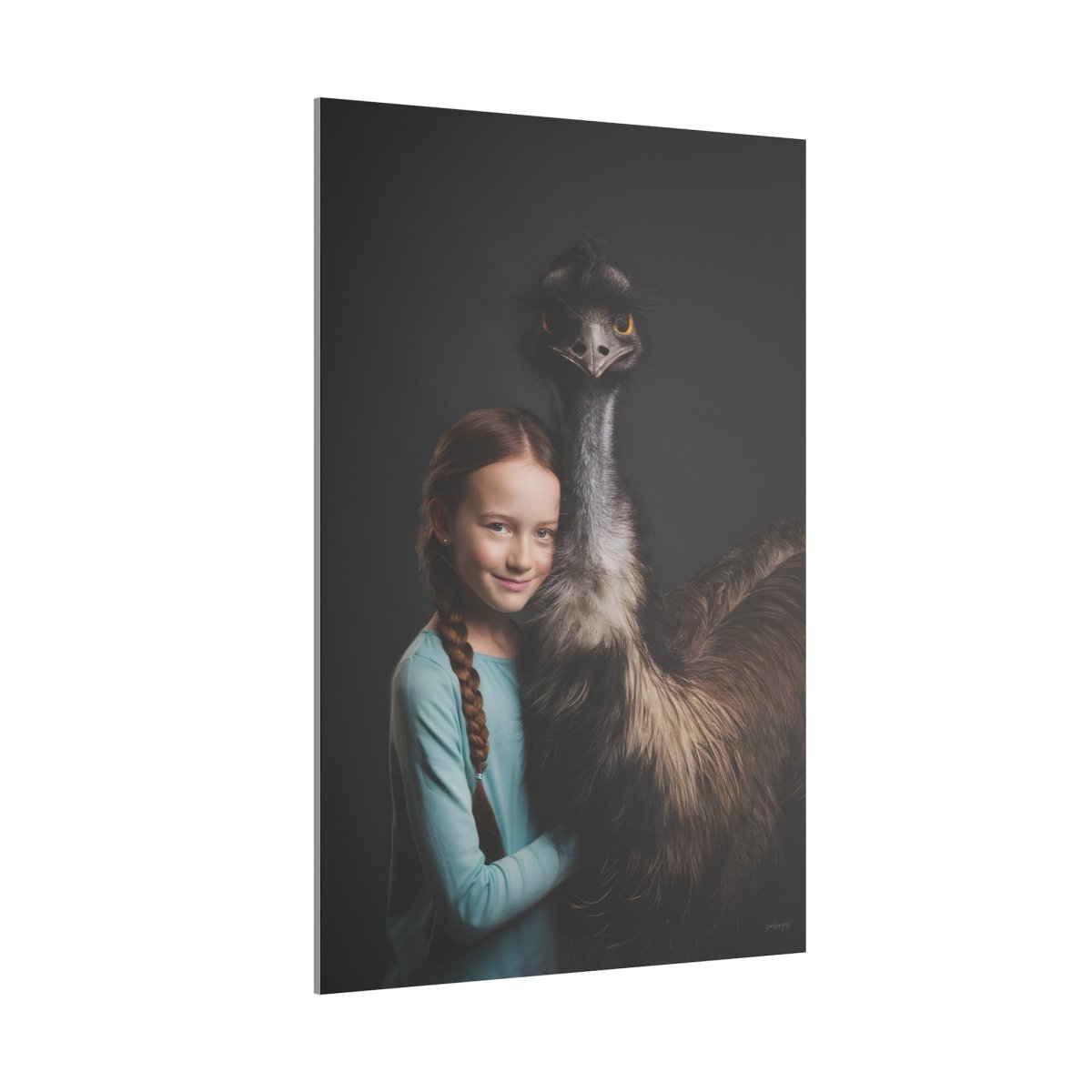 Leinwandbild Mädchen & Emu - Hugging Little Girl Animals - Canvas bei HappyHugPixels