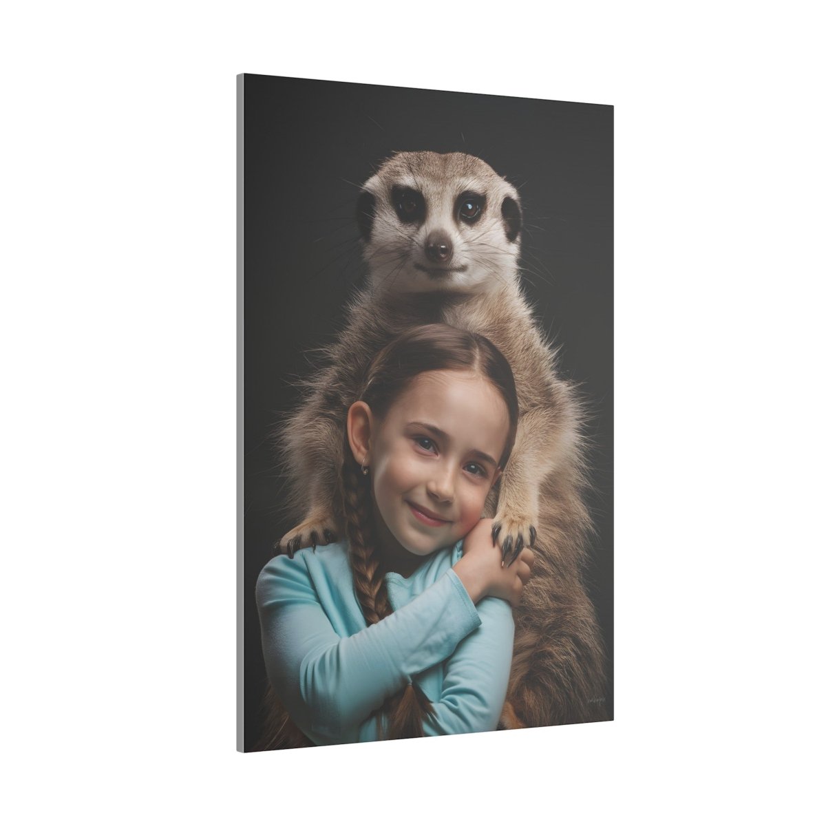 Leinwandbild Mädchen & Erdmännchen - Hugging Little Girl Animals - Canvas bei HappyHugPixels