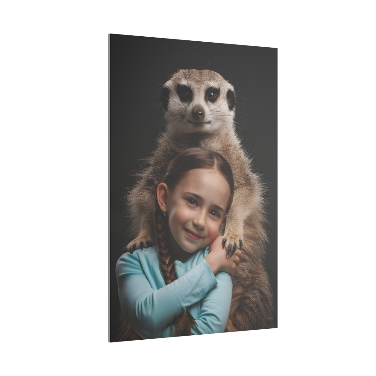 Leinwandbild Mädchen & Erdmännchen - Hugging Little Girl Animals - Canvas bei HappyHugPixels