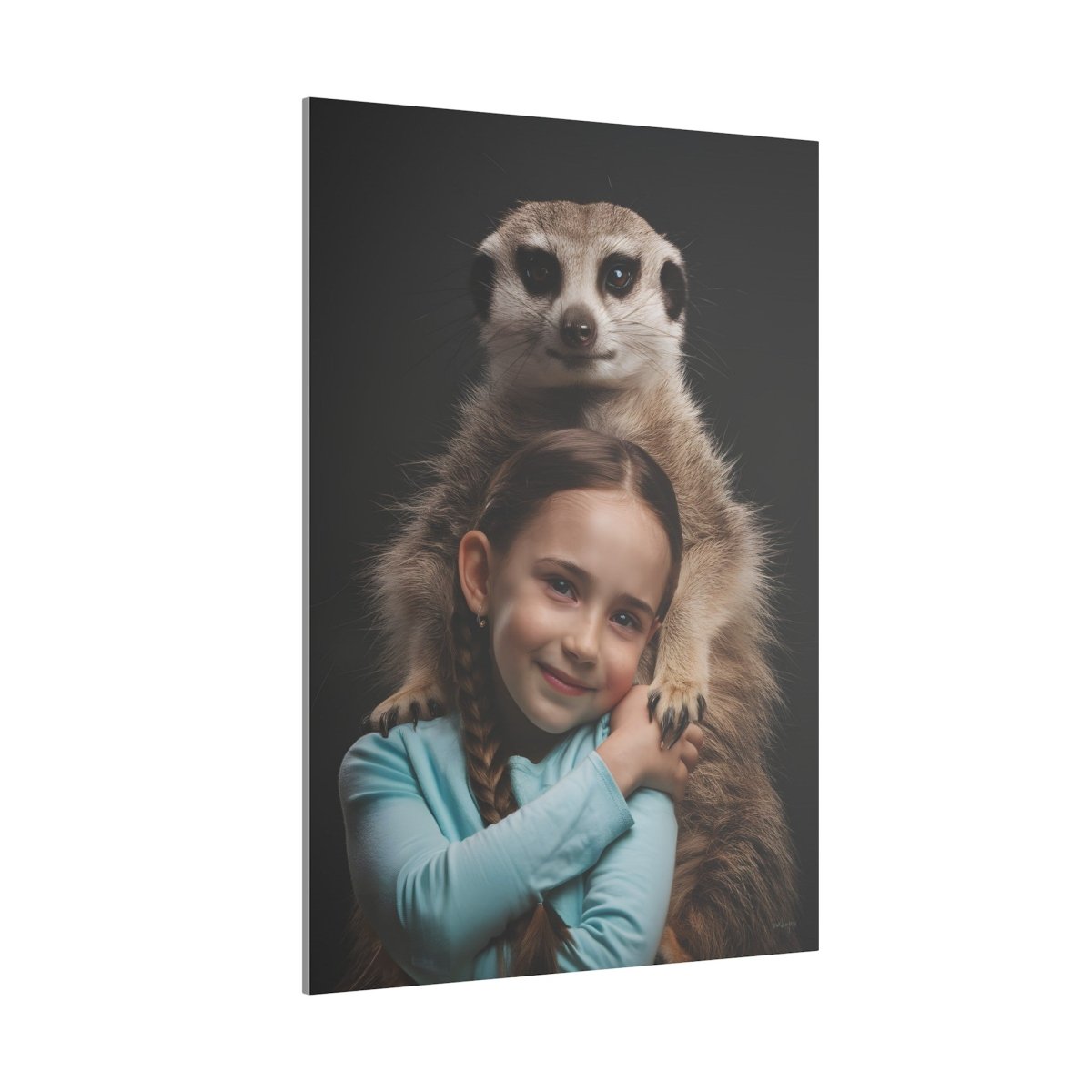 Leinwandbild Mädchen & Erdmännchen - Hugging Little Girl Animals - Canvas bei HappyHugPixels