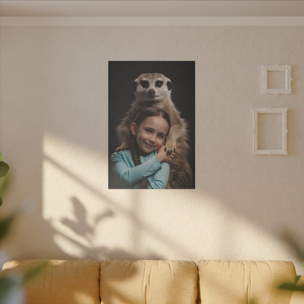 Leinwandbild Mädchen & Erdmännchen - Hugging Little Girl Animals - Canvas bei HappyHugPixels