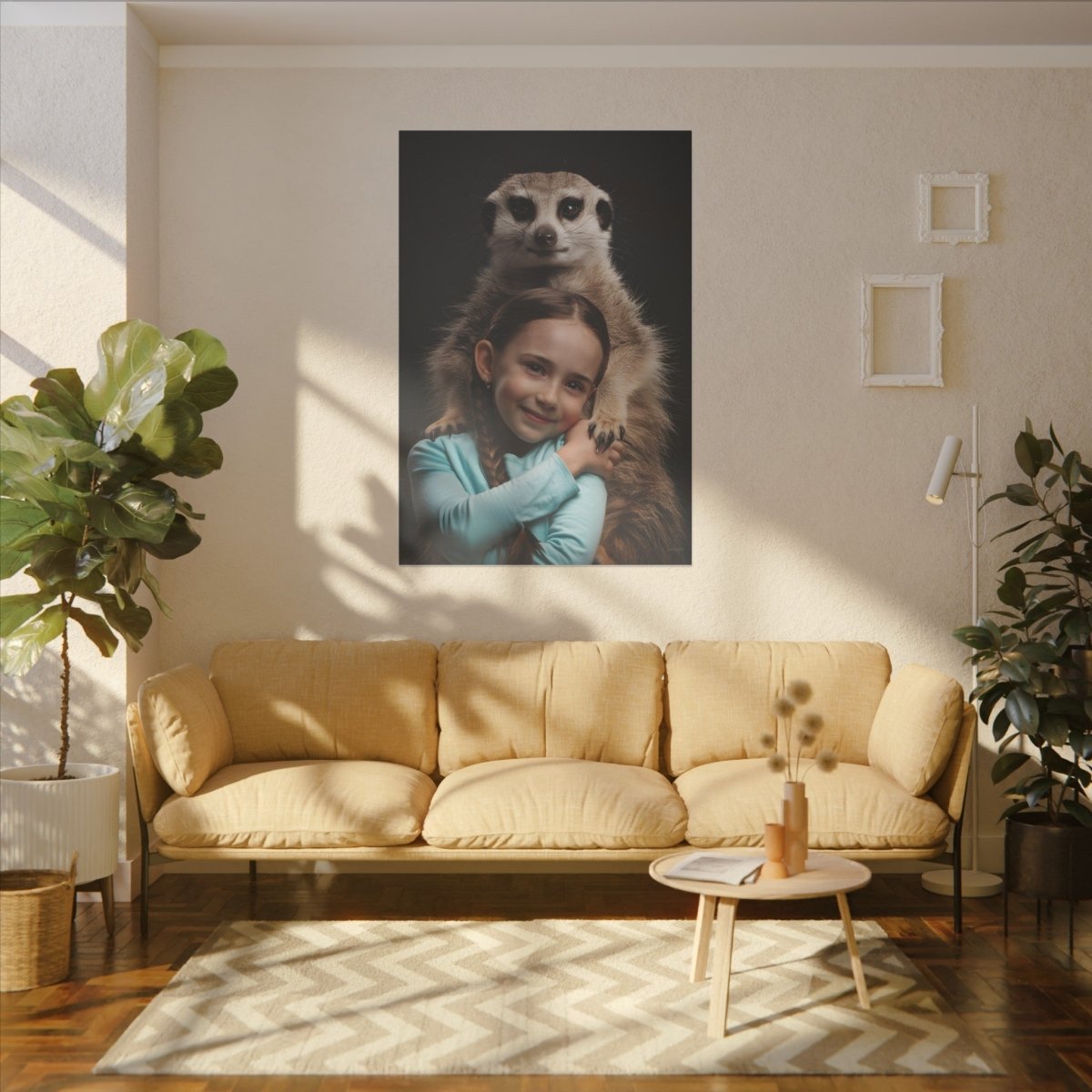 Leinwandbild Mädchen & Erdmännchen - Hugging Little Girl Animals - Canvas bei HappyHugPixels