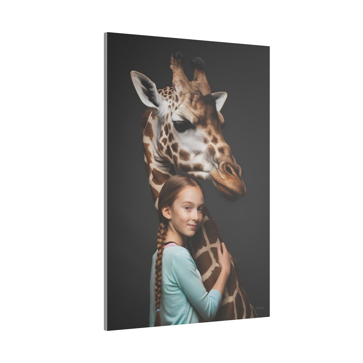 Leinwandbild Mädchen & Giraffe - Hugging Little Girl Animals - Canvas bei HappyHugPixels