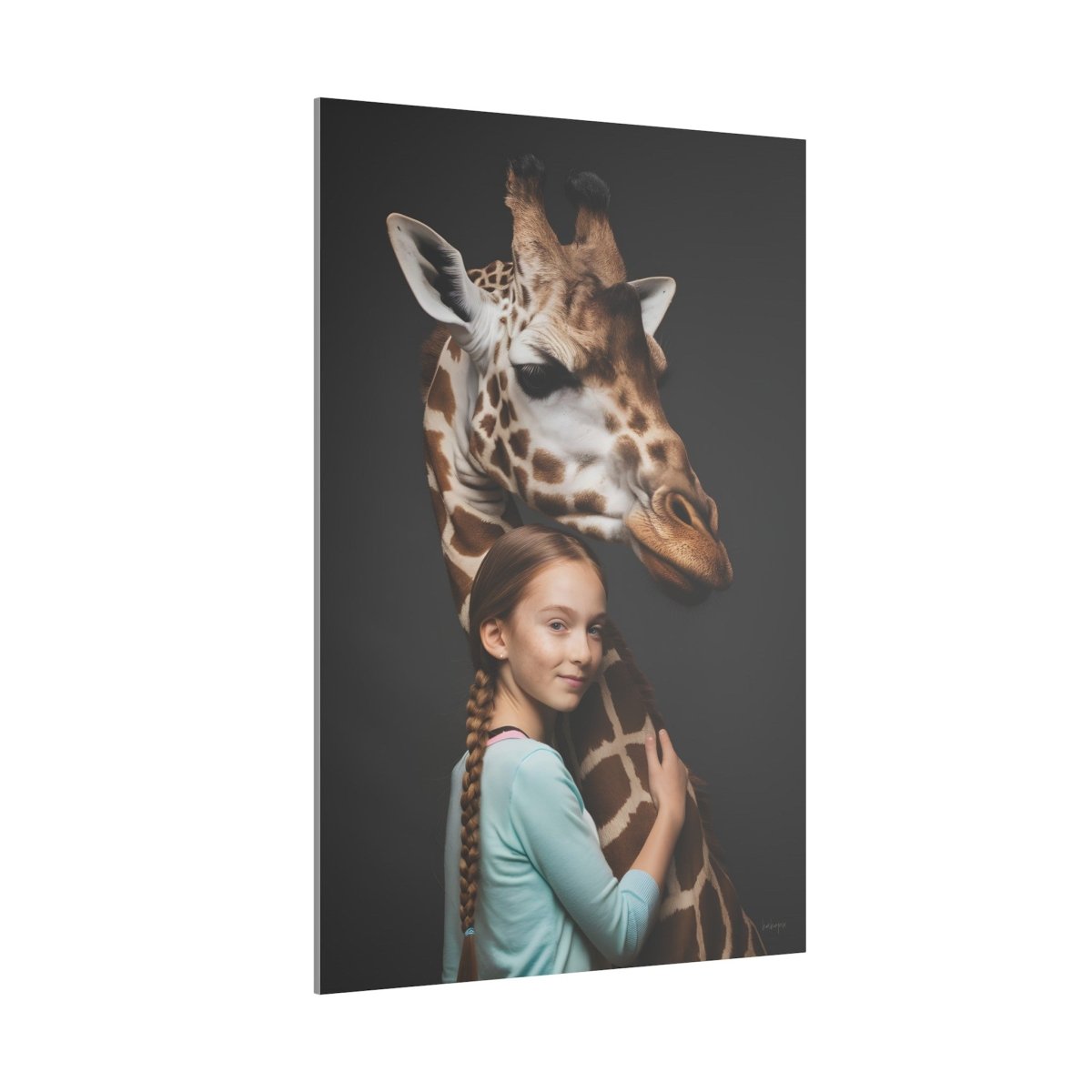 Leinwandbild Mädchen & Giraffe - Hugging Little Girl Animals - Canvas bei HappyHugPixels