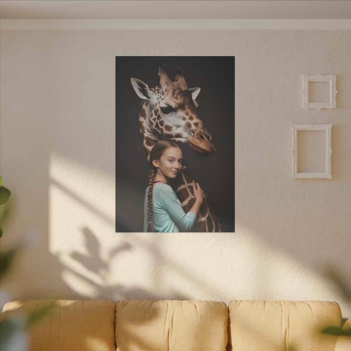 Leinwandbild Mädchen & Giraffe - Hugging Little Girl Animals - Canvas bei HappyHugPixels