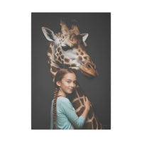 Leinwandbild Mädchen & Giraffe - Hugging Little Girl Animals - Canvas bei HappyHugPixels