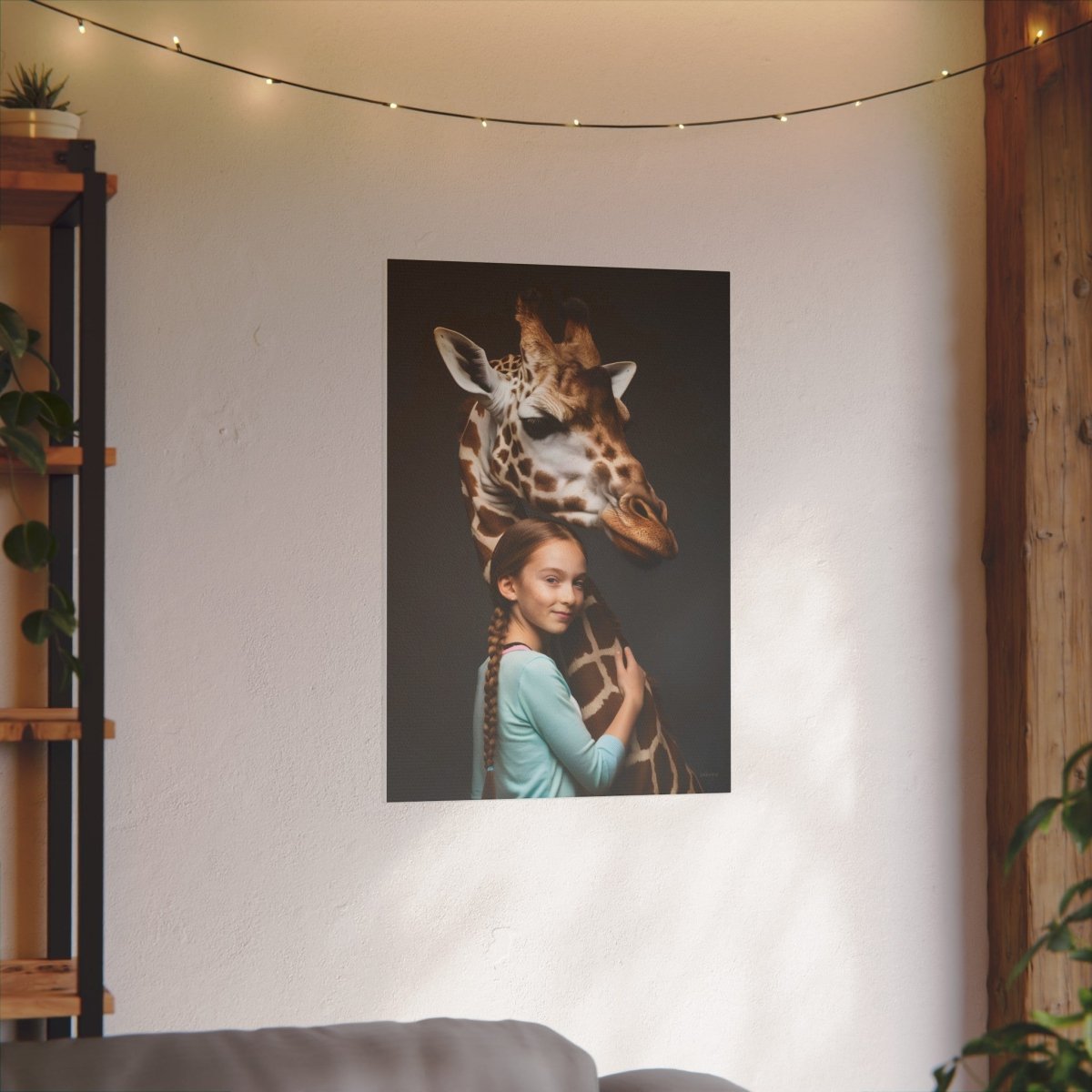 Leinwandbild Mädchen & Giraffe - Hugging Little Girl Animals - Canvas bei HappyHugPixels