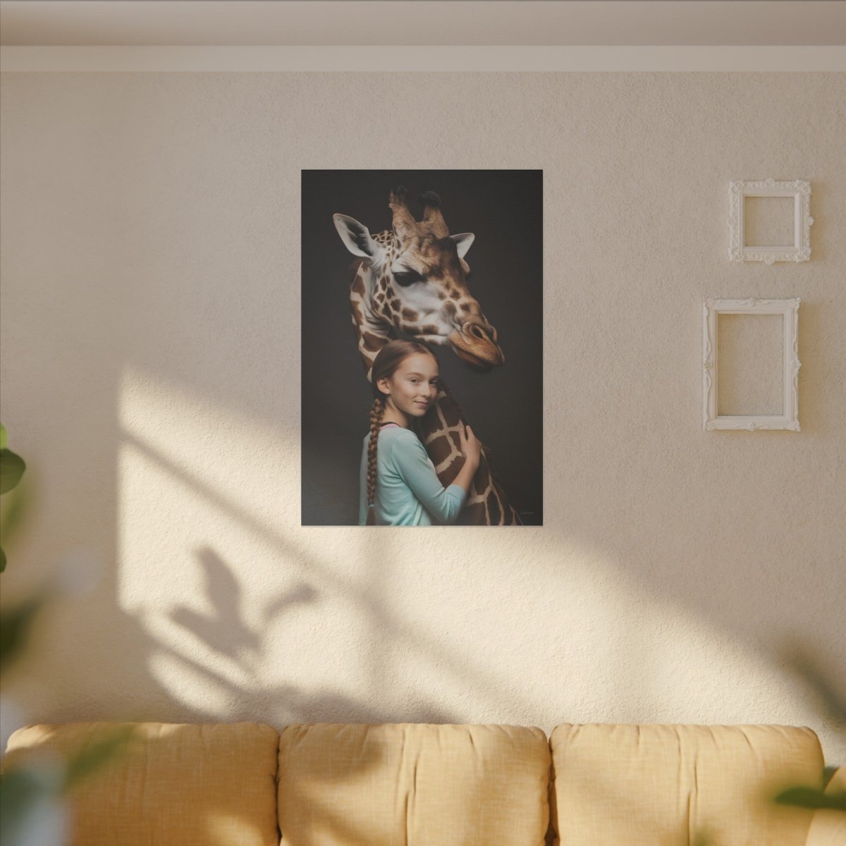 Leinwandbild Mädchen & Giraffe - Hugging Little Girl Animals - Canvas bei HappyHugPixels