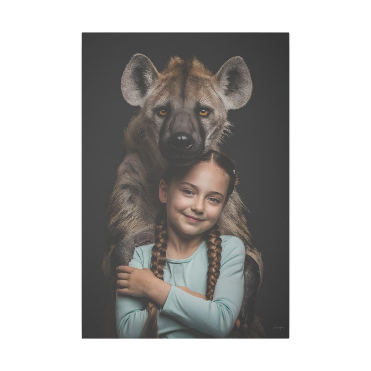 Leinwandbild Mädchen & Hyäne - Hugging Little Girl Animals - Canvas bei HappyHugPixels