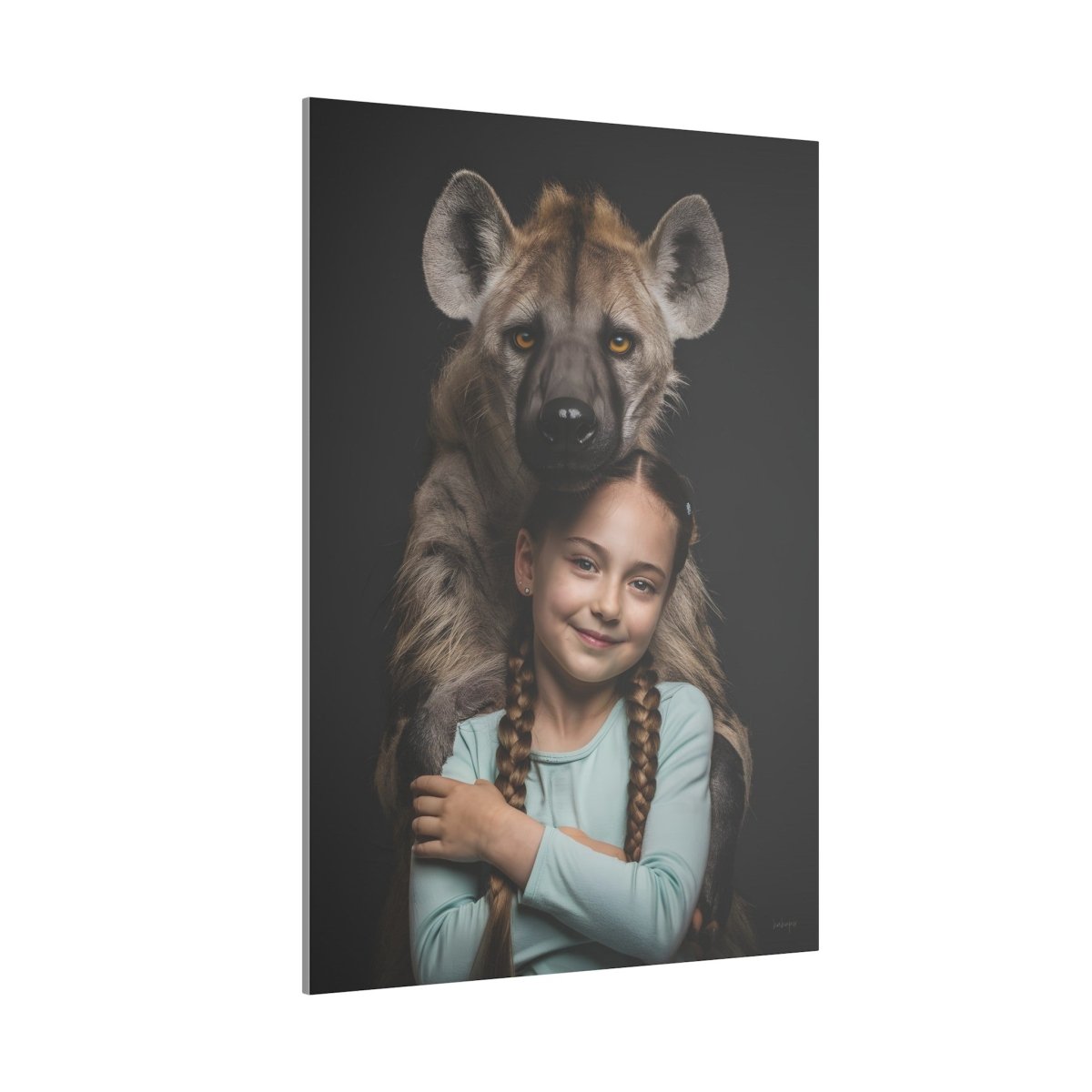 Leinwandbild Mädchen & Hyäne - Hugging Little Girl Animals - Canvas bei HappyHugPixels