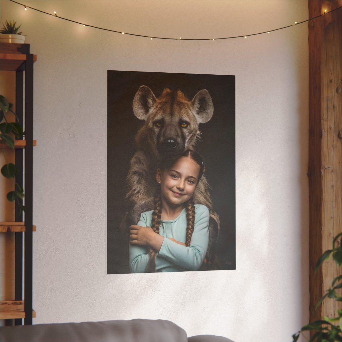 Leinwandbild Mädchen & Hyäne - Hugging Little Girl Animals - Canvas bei HappyHugPixels