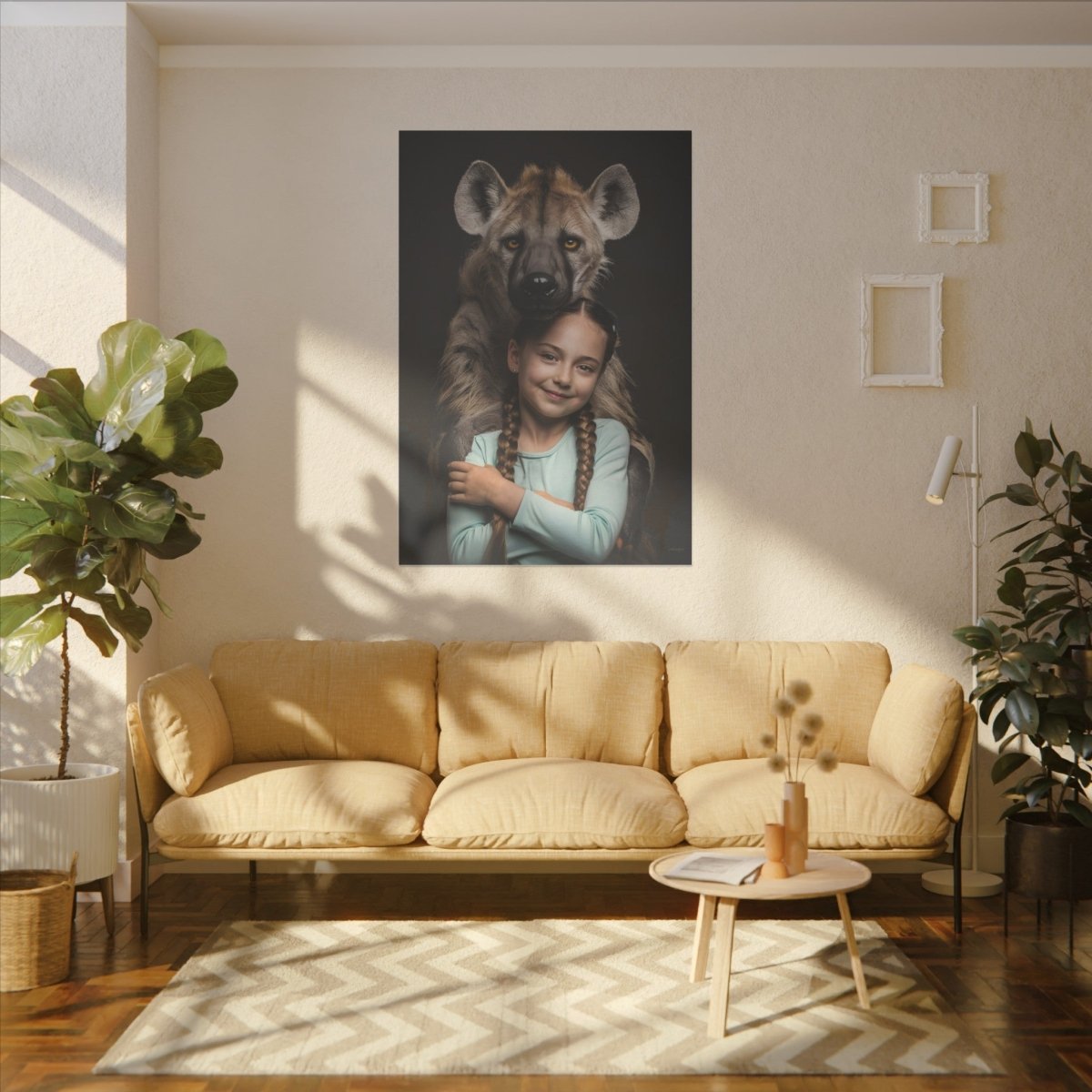 Leinwandbild Mädchen & Hyäne - Hugging Little Girl Animals - Canvas bei HappyHugPixels