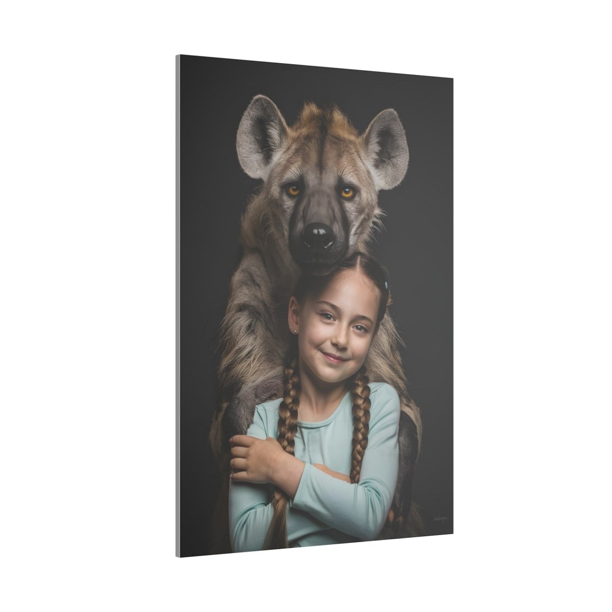 Leinwandbild Mädchen & Hyäne - Hugging Little Girl Animals - Canvas bei HappyHugPixels